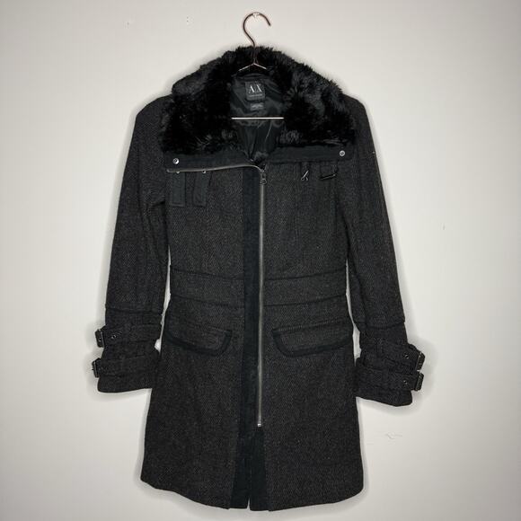 Armani Exchange AX Womens Wool Coat Small Twill Pocket Buckles Faux Fur Neckline - Picture 1 of 8